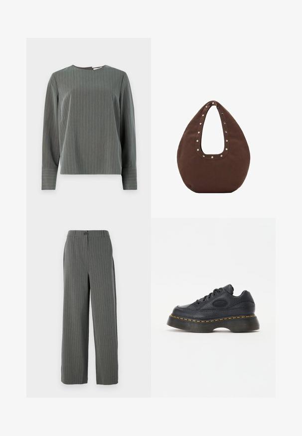 Gråstribet langærmet top med rund halsudskæring og afslappet pasform. Lodrette striber i lysegrå kontrasterer mod den mørkere stoftekstur.; Grå stribede bukser med bred ben silhuet, der har en knaplukning og subtil tekstur. Skreddersyet design for en struktureret pasform.; Sort lædersneaker med struktureret overflade, rund tå og tyk plateau sål. Har gule kontrastsyninger og et mærke-logo på siden.; Brun tote taske med en buet form, udstyret med et stort udsnit håndtag dekoreret med sølvnitter langs kanten. Fremstillet af blødt stof.