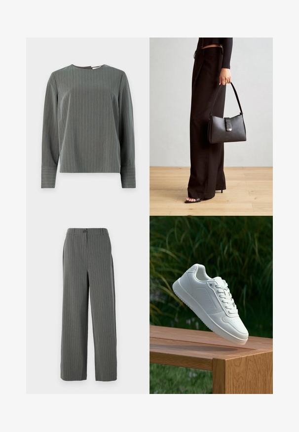 Gråstribet langærmet top med rund halsudskæring og afslappet pasform. Lodrette striber i lysegrå kontrasterer mod den mørkere stoftekstur.; Grå stribede bukser med bred ben silhuet, der har en knaplukning og subtil tekstur. Skreddersyet design for en struktureret pasform.; Hvid sneaker med en glat syntetisk overdel, perforeret tåboks, flade snørebånd og en tekstureret sål, præsenteret på en træoverflade.; Sort håndtaske med struktureret form, glat overflade og metalspænde. Sammen med brede sorte bukser og sandaler med åben tå på trægulv.