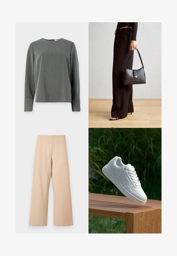 Pelēkas svītrains krekls ar garām piedurknēm, noapaļotu izgriezumu un brīvu piegriezumu. Vertikālās svītras gaiši pelēkā krāsā izceļas uz tumšākas auduma faktūras.; Bēšas platās bikses, izgatavotas no mīksta auduma, ar augstu jostasvietu un gludu tekstūru. Nav redzamu rakstu vai aparatūras detaļu.; Baltie sporta apavi ar gludu sintētisku augšpusi, perforētu pirkstu daļu, plakani šņorēm un rakstainu zoli, novietoti uz koka virsmas.; Melnā somiņa ar strukturētu formu, gludu tekstūru un metālu sprādzi. Saskaņota ar platām melnām biksēm un sandālēm ar atvērtu purngalu uz koka grīdas.