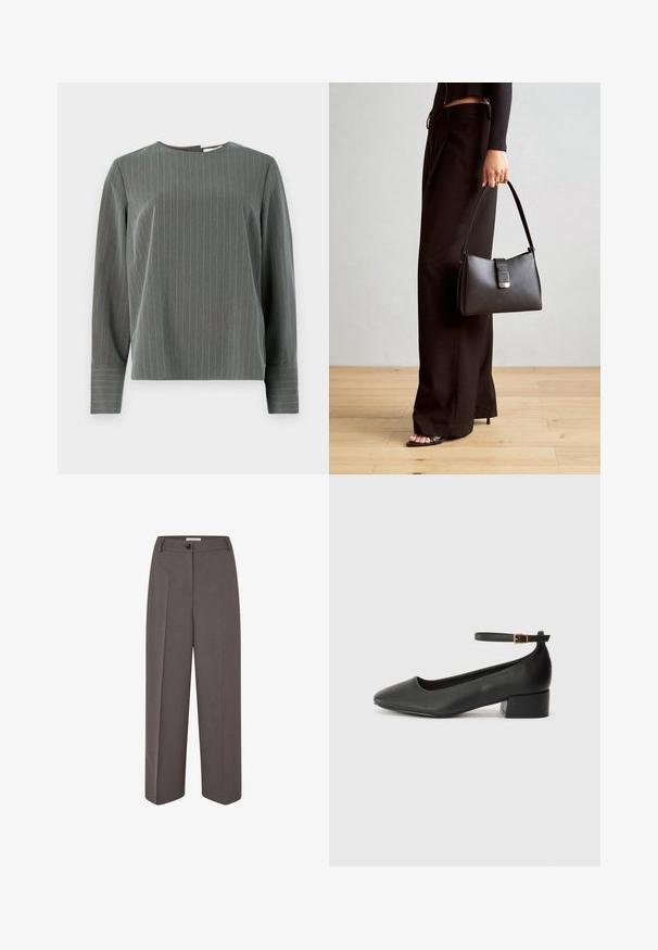 Siva prugasta majica dugih rukava s okruglim izrezom i opuštenim krojem. Vertikalne pruge svijetlosive boje kontrastiraju s tamnijom teksturom tkanine.; Smeđe hlače širokih nogavica visokog struka s prednjim naborima, peteljkama za remen, zatvaranjem na dugme i glatkom teksturom tkanine.; Crne kožne pumpe s oštrim vrhom i niskom blok petom. Sadrže remen oko gležnja s zlatnim kopčanjem. Glatka tekstura.; Crna torba s oblikom koji sadrži strukturu, glađu teksturu i metalnu kopču. Uparena s širokim crnim hlačama i sandalama na otvorenom s drvenog poda.