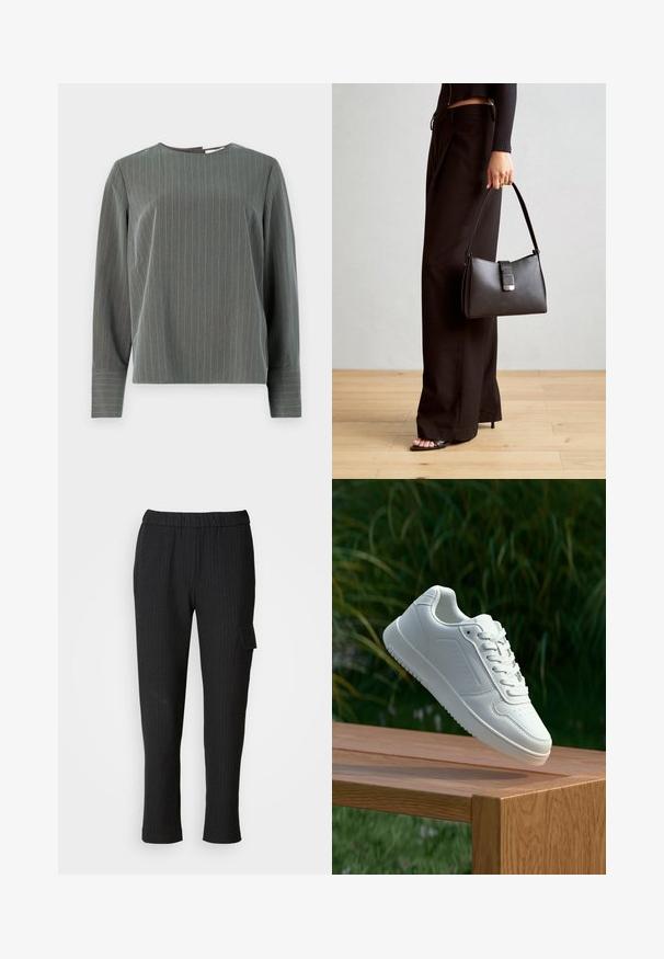 Pilkas dryžuotas ilgomis rankovėmis viršus su apvalia iškirpte ir laisvu siluetu. Vertikalūs šviesiai pilki dryžiai kontrastuoja su tamsesne medžiagos tekstūra.; Juodos juostelės kelnės su elastinga juosmens juosta ir tiesiomis kojomis. Yra šoninis kišenas su uždengimu, pagamintos iš lygaus audinio.; Balti sneakeriai su lygia sintetine viršutine dalimi, perforuota pirštų zona, plokščiomis raištelėmis ir tekstūruotu padu, padėti ant medinės paviršiaus.; Juodas rankinė struktūrizuota forma, lygi tekstūra ir metalinis užsegimas. Suporuota su plačiomis juodomis kelnėmis ir atvirais bateliais ant medinių grindų.