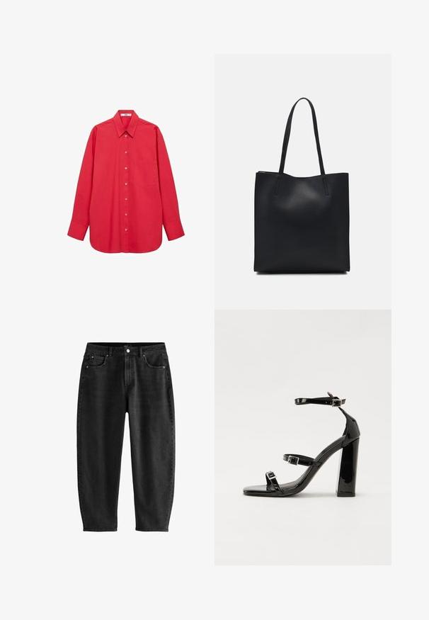 Mango Bluza s gumbima - red; Crne traperice s opuštenim krojem, s klasičnim dizajnom od pet džepova, dugmetom na zatvaranju i suptilnim detaljima šivanja.; Crne lakirane sandale na pete sa kvadratnim nosom, trakama oko gležnja i srebrnim kopčama. Imaju čvrst blok petu za stabilnost.; Crna kožna torba za nošenje s glatkom teksturom, pravokutnim oblikom i dvije duge ručke. Nema vidljivih metalnih dijelova ili ukrasa.