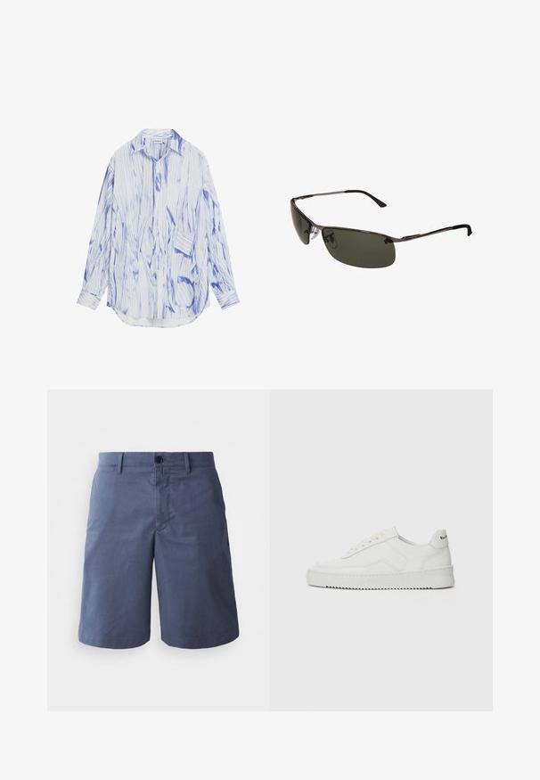 Koszula z długim rękawem wykonana z lekkiego materiału, z niebiesko-białym abstrakcyjnym wzorem w paski, z guzikami z przodu i luźnym krojem.; Granatowe szorty bawełniane z płaskim przodem, z jedną zapiętą na guzik kieszenią z przodu i dwoma bocznymi kieszeniami oraz prostymi nogawkami. Gładka tekstura, bez widocznych wzorów.; Białe skórzane sneakersy o gładkim wykończeniu, okrągłym nosku, płaskich sznurówkach i teksturowanej podeszwie. Charakteryzują się delikatnym logo na pięcie.; Okulary przeciwsłoneczne z ciemnozielonymi soczewkami, elegancką metalową ramką, zakrzywionym kształtem i regulowanymi noskami. Posiadają cienkie, czarne zauszniki.