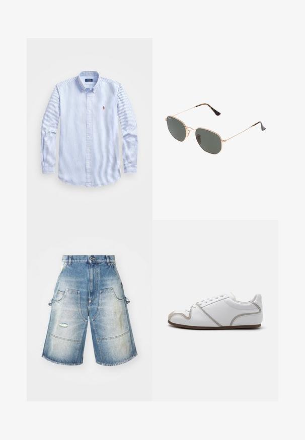 Vaaleansininen ja valkoinen raidallinen napillinen paita, jossa on klassinen kaulus, pitkät hihat ja pieni brodeerattu logo rintataskussa.; Farkku-shortsit haalistuneessa vaaleansinisessä värissä, joissa on neljä taskua, kulutusefekti ja leveä, suora leikkaus. Vahvistettu saumaus.; Valkoiset lenkkarit, joissa on sileä nahkainen päällinen, harmaat mokkapintaiset yksityiskohdat ja yksinkertainen nauhoitus. Liukumaton ruskea kumipohja; minimalistinen tyyli.; Kultaa metallikehyksiset aurinkolasit tummanvihreillä linsseillä, pilottilaatuinen tyyli, jossa on kapeat varret ja kilpikonnakuosiset korostukset päissä.