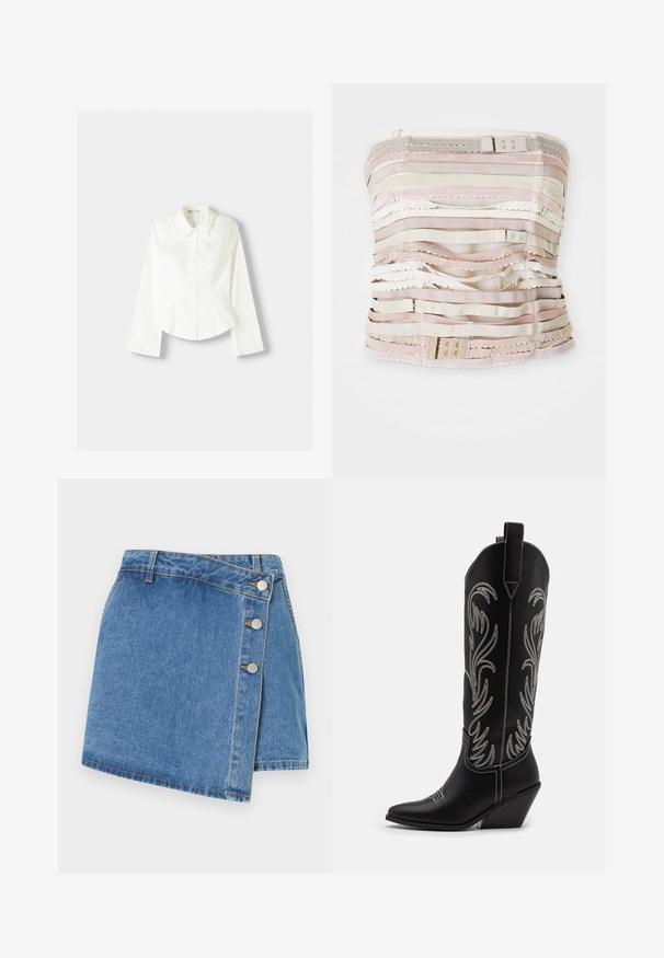 Bela srajca s dolgimi rokavi, ki ima klasičen ovratnik, strukturirano prileganje in subtilne navpične šive za dodaten detajl.; Brezramni korzet v bež odtenkih, ki vsebuje horizontalne trakove iz različnih materialov, čipkastimi detajli in nastavljivimi elementi na vrhu.; Denim ovitek krila v svetlo modri barvi. Ima visok pas, nagnjeno rob in tri kovinske pritisne gumbe na strani. Gladka tekstura z diskretnimi šivi.; Črne usnjene kavbojske čevlje s koničastimi prsti, klinastimi petami in srebrnimi vezeninami cvetnega vzorca po vsej dolžini. Kontrastno šivanje povsod.
