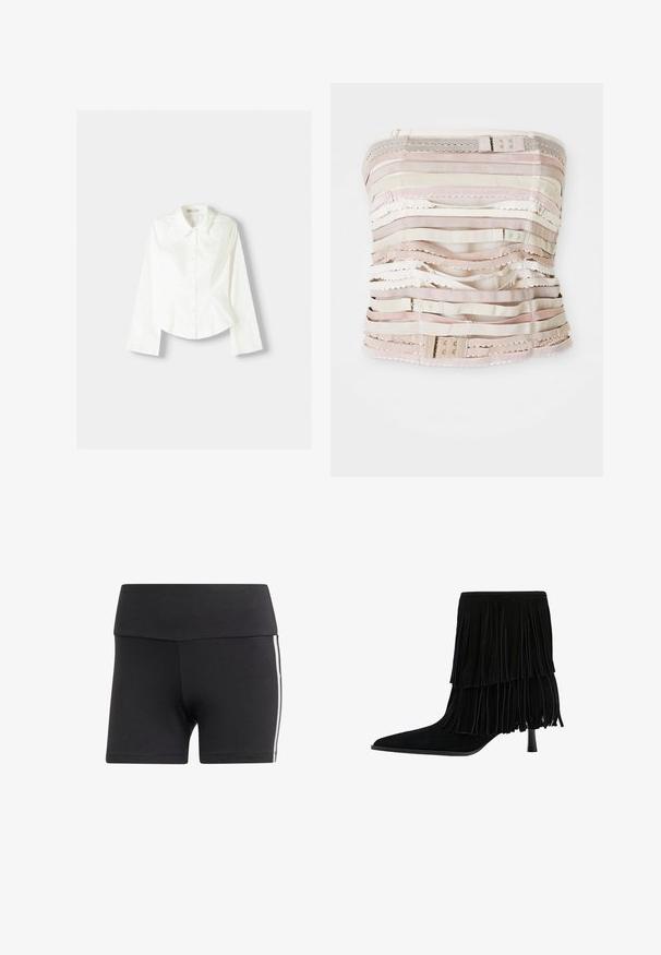 Valkoinen napillinen paita pitkähihaisilla, jossa on klassinen kaulus, vahvistettu malli ja hienovaraiset pystysaumat lisäyksinä.; Toppless bodice dalam nuansa beige, menampilkan garis-garis kain horizontal dengan berbagai tekstur, aksen renda, dan perangkat keras yang dapat disesuaikan di bagian atas.; Mustat urheilusortsit, joissa on leveä vyötärönauha, valmistettu venyvästä kankaasta. Valkoiset sivuraidat ja istuva malli.; Mustapukuinen mokkanahkasaapas nilkkapituisena, kerroksittaisella tupsukoristeella, teräväkärkinen ja stilettokorkoinen. Pintakäsite on pehmeä ja viimeistely vaikuttaa sileältä.