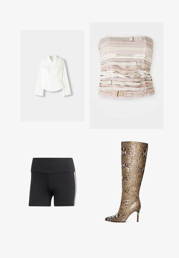 Valkoinen napillinen paita pitkähihaisilla, jossa on klassinen kaulus, vahvistettu malli ja hienovaraiset pystysaumat lisäyksinä.; Toppless bodice dalam nuansa beige, menampilkan garis-garis kain horizontal dengan berbagai tekstur, aksen renda, dan perangkat keras yang dapat disesuaikan di bagian atas.; Mustat urheilusortsit, joissa on leveä vyötärönauha, valmistettu venyvästä kankaasta. Valkoiset sivuraidat ja istuva malli.; Knee-high stiletto-saappaat, jotka on valmistettu kiiltävästä käärmeennahkakuosisesta nahasta beige-, ruskea- ja kermavärisissä sävyissä. Saappaissa on teräväkärkinen muotoilu ja 3 tuuman korkeus.