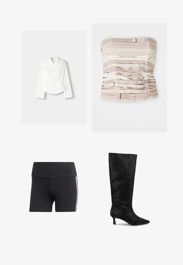 Weißes Hemd mit langen Ärmeln, klassischem Kragen, strukturiertem Schnitt und subtilen vertikalen Nähten für zusätzliche Details.; Hemdoberteil ohne Träger in Beigetönen, mit horizontalen Stoffstreifen in verschiedenen Texturen, Spitzenakzenten und verstellbarem Zubehör am oberen Rand.; Schwarze Sportshorts mit breitem Bund, aus dehnbarem Stoff. Mit weißen seitlichen Streifen und einer taillierten Passform.; Schwarze knöchelhohe Stiefel mit einem gewebten Mesh-Design, spitzer Zehenform und kleinem Blockabsatz. Mit einer strukturierten Oberfläche und leichtem Material.