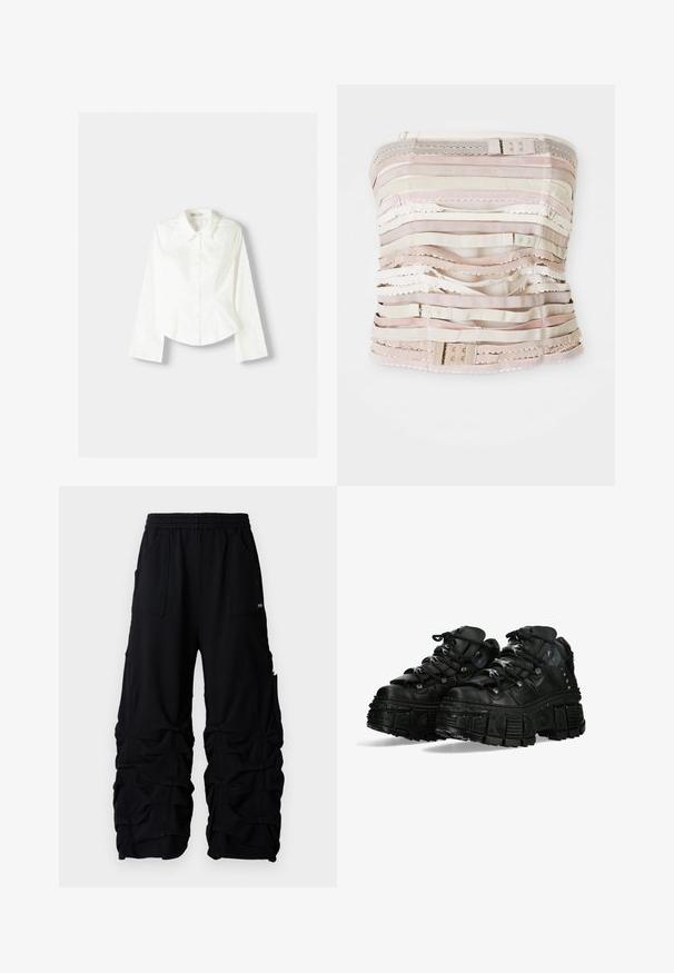 Hvid skjorte med lange ærmer, der har en klassisk krave, struktureret pasform og subtile vertikale syninger for ekstra detaljer.; Stropeløs bodice i beige nuancer, der har vandrette stofstrimler med forskellige teksturer, blondeaccent og justerbart hardware øverst.; AVAVAV Træningsbukser - black; Svarte chunky sneakers med en struktureret gummisål, fremtrædende snørebånd og metalliske detaljer. Har en polstret krave og et særpræget slidbanedesign.