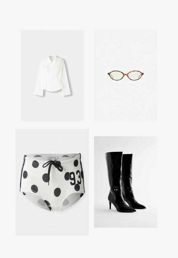 Vit skjorta med lång ärm, med klassisk krage, strukturerad passform och subtila vertikala sömmar för extra detalj.; Svart- och vitt prickiga baddräktsbyxor med dragsko i midjan, med siffran "93" på framsidan och en mjuk, stretchig tyg.; Svarta knähöga stövlar i glansigt läder, med spetsiga tår och en smal, hög klack. Inkluderar en subtil metallisk detalj på sidan.; Sköldpaddsmönstrade glasögon med ovala linser och en elegant, slät yta. Har tunna sidor med en subtil kurva vid tinningarna. Klara linser.