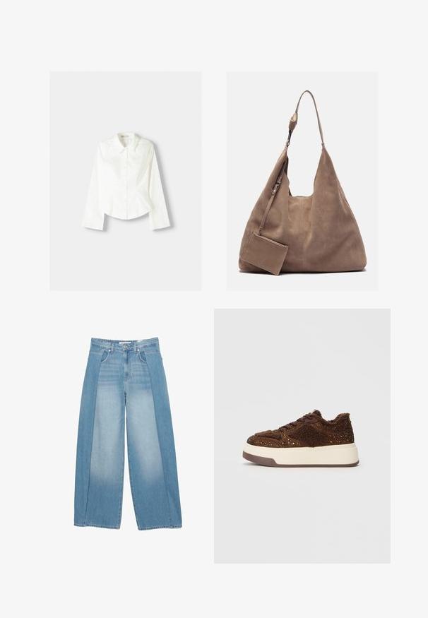 Weißes Hemd mit langen Ärmeln, klassischem Kragen, strukturiertem Schnitt und subtilen vertikalen Nähten für zusätzliche Details.; Weite Jeans aus Denim in Hellblau, mit einem einzigartigen Design und zwei strukturierten Paneelen. Fünf-Taschen-Stil mit Knopfverschluss.; Braune Plattform-Sneaker mit strukturiertem Stoff und funkensprühenden Akzenten, einem weichen Kragen und einer strapazierfähigen Gummisohle.; Zign LEATHER - Shopping Bag - light brown