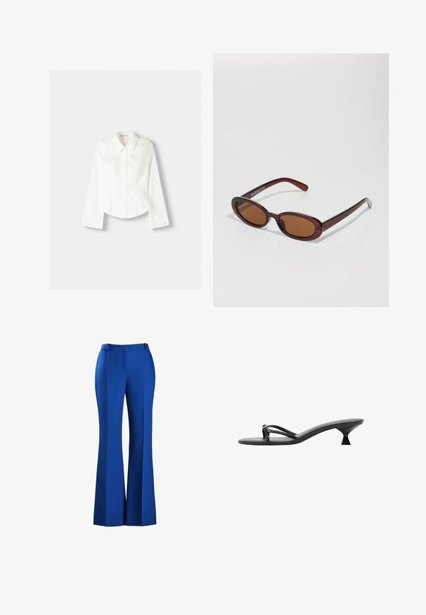 Biała koszula z długim rękawem, z klasycznym kołnierzykiem, o strukturalnym kroju i subtelnymi pionowymi szwami dla dodatkowego detalu.; Dzwony niebieskie spodnie wykonane z teksturowanej tkaniny, z dopasowanym stanem i detalem wzdłuż przodu, odpowiednie do noszenia zarówno na formalne, jak i codzienne okazje.; Czarne sandały na obcasie z wyglądem minimalistycznym, cienkimi paskami i unikalnym trójkątnym obcasem. Gładka tekstura i prosty design.; Okrągłe, brązowe okulary przeciwsłoneczne z błyszczącą bordową oprawą. Cienkie ramiona z subtelnym detalem marki. Płaski kształt soczewek.