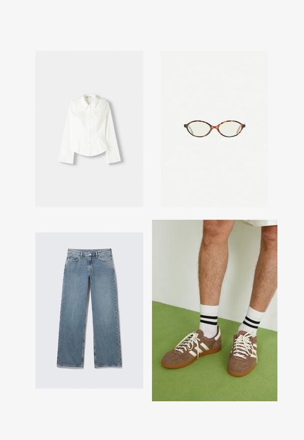Biela košeľa na gombíky s dlhými rukávmi, s klasickým golierom, štruktúrovaným strihom a jemnými vertikálnymi švami pre pridaný detail.; Svetlo modré rifle s vysokým pásom a rovnými nohavicami, s prednými vreckami, pútkami na opasok a zapínaním na gombík na bielom pozadí.; Hnedé zamatové tenisky s bielymi akcentmi a šnúrkami. Gumová podrážka. Nosené s bielymi ponožkami so čiernymi pruhmi. Zelená textúrovaná podlaha.; Korytnačkové okuliare s oválnymi šošovkami a hladkým, lesklým povrchom. Majú tenké strany s jemným zakrivením na spánkoch. Priehľadné šošovky.; Zign LEATHER - Veľká kabelka - light brown