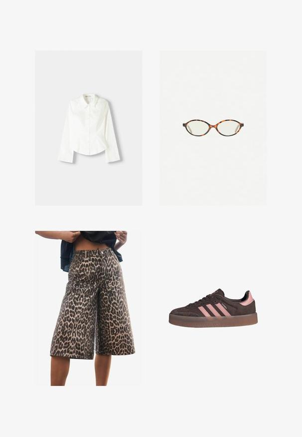 Chemise blanche à manches longues, avec un col classique, une coupe structurée et des coutures verticales discrètes pour un détail supplémentaire.; Next JORT - Short en jean - leopard print; Baskets en daim marron avec trois rayures roses et accent au talon. Comprend une silhouette arrondie et une semelle en caoutchouc texturée avec un bord transparent.; Lunettes en écaille de tortue avec des verres ovales et une finition lisse et élégante. Présente des branches fines avec une courbure subtile au niveau des tempes. Verres transparents.