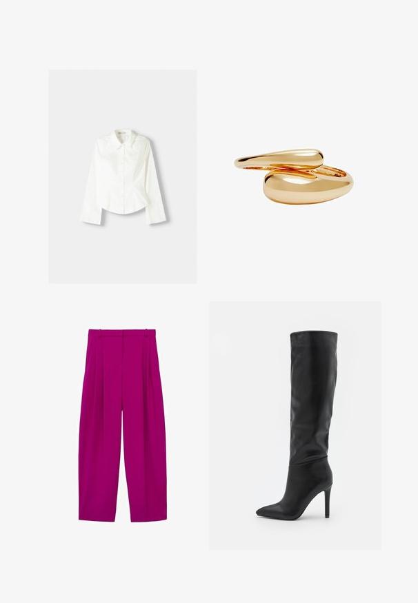 Valkoinen napillinen paita pitkähihaisilla, jossa on klassinen kaulus, vahvistettu malli ja hienovaraiset pystysaumat lisäyksinä.; Fuksia leveät housut laskoksilla, joissa on sileä pinta ja korkea vyötärö. Mukana vyölenkit ja muotoiltu siluetti.; RAID TALISHA - Saappaat - black; Sormukset kullanväriset, sileät ja pyöristetyt muodot yhdistelevät toisiaan. Korkea kiilto viimeistely heijastavalla pinnalla, joka esittelee saumattoman muotoilun.