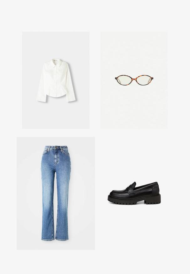 Biała koszula z długim rękawem, z klasycznym kołnierzykiem, o strukturalnym kroju i subtelnymi pionowymi szwami dla dodatkowego detalu.; Dżinsy z wysokim stanem w niebieskim kolorze, z rozszerzanymi nogawkami, charakteryzujące się jasnym praniem, delikatnym blaknięciem oraz postrzępionymi mankietami z klasycznymi detalami szycia.; Marc O'Polo - Półbuty wsuwane; Okulary w kolorze tortoiseshell z owalnymi soczewkami i gładkim, eleganckim wykończeniem. Posiadają cienkie boki z delikatnym łukiem w okolicy skroni. Przezroczyste soczewki.