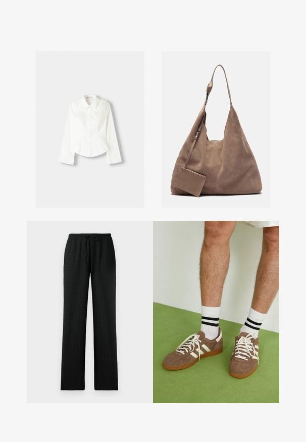 Bílá košile s dlouhými rukávy, se klasickým límcem, strukturovaným střihem a jemnými vertikálními švy pro zvýšení detailu.; Černé, strukturované kalhoty širokého střihu s elastickým pasem a nastavitelnou šňůrkou; navrženy pro pohodlí a volnější střih.; Hnědé semišové tenisky s bílými akcenty a tkaničkami. Gumová podrážka. Nošeny s bílými ponožkami s černými pruhy. Zelená strukturovaná podlaha.; Zign LEATHER - Velká kabelka - light brown