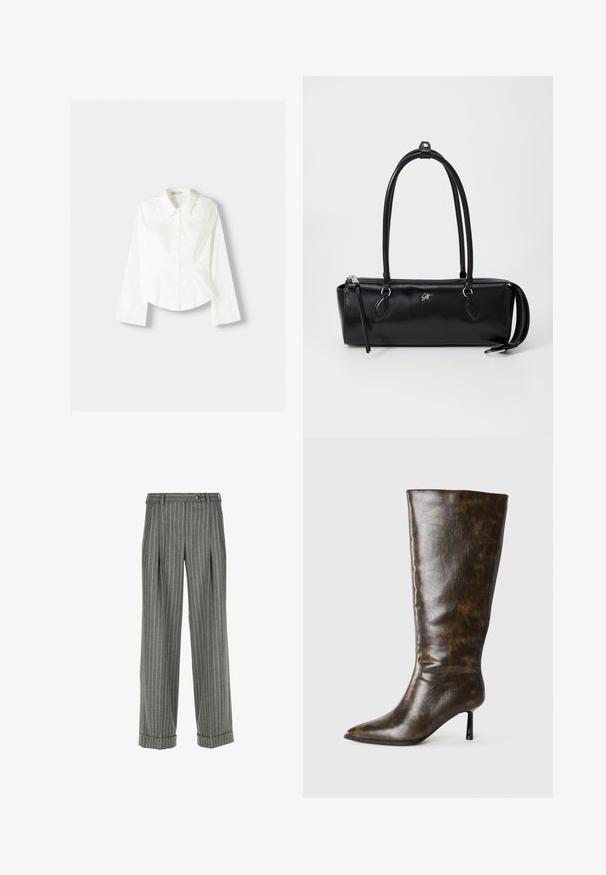 Bílá košile s dlouhými rukávy, se klasickým límcem, strukturovaným střihem a jemnými vertikálními švy pro zvýšení detailu.; Šedé ušité kalhoty s bílými vertikálními pruhy, na přední straně sklady, s manžetami, s poutky na opasek a s knoflíkovým zapínáním v pase.; Hnědé opotřebované kožené kozačky sahající ke kolenům s špičatou špičkou a tenkým stiletto podpatkem na bílém pozadí.; Černá kožená kabelka obdélníkového tvaru, hladké textury, se dvěma uchy, zipovým uzávěrem a malým logem na přední straně.