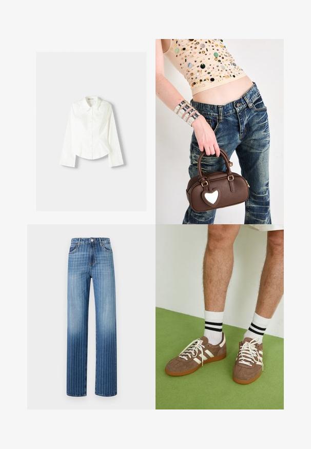 Bela srajca s dolgimi rokavi, ki ima klasičen ovratnik, strukturirano prileganje in subtilne navpične šive za dodaten detajl.; Svijetloplave traperice s vertikalnim bijelim prugama, ravnog kroja, pet džepova i kopčanjem na gumbe u struku.; Rjavi semiš športni čevlji z belimi detajli in vezalkami. Gumijast podplat. Nošeni z belimi nogavicami z črnimi črtami. Zelena teksturirana talna obloga.; Rjava usnjena torbica s poudarkom v obliki srca, zaobljene oblike, z zlatim okovjem, jo drži roka; v kombinaciji z postaranym jeansom in bisernim vrhom.