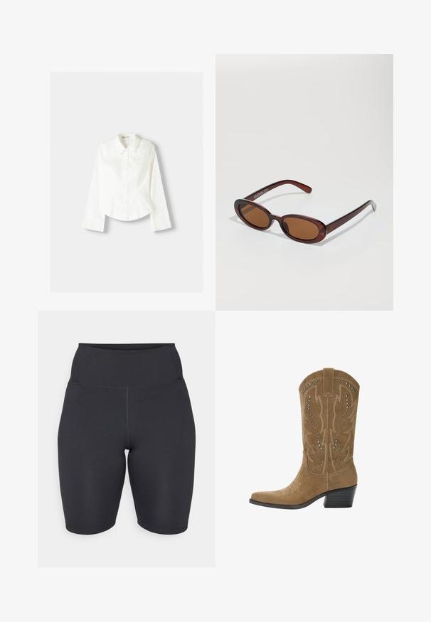 Fehér, gombos ing hosszú ujjakkal, klasszikus gallérral, strukturált fazonnal és finom függőleges varrással a részletek kiemelésére.; Magasan épített, fekete kerékpáros nadrág sima, rugalmas anyagból; lapos varrásokkal és illeszkedő kialakítással a kényelem és a támogatás érdekében.; PULL&BEAR Cowboy és motoros csizmák - beige; Kerek, barna árnyalatú napszemüveg fényes burgundi kerettel. Karcsú karok diszkrét márkázással. Lapos lencse kialakítás.