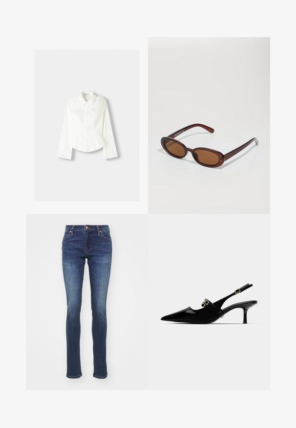 Fehér, gombos ing hosszú ujjakkal, klasszikus gallérral, strukturált fazonnal és finom függőleges varrással a részletek kiemelésére.; Sötétkék farmernadrág, egyenes szárú szabással, öt zsebes kialakítással, réz szegecsekkel és enyhe kopással a combokon és a térdeken.; Fekete lakk bőrszandál magas sarkú cipők, hegyes orral, dupla arany csat díszítéssel és vékony tűs sarokkal.; Kerek, barna árnyalatú napszemüveg fényes burgundi kerettel. Karcsú karok diszkrét márkázással. Lapos lencse kialakítás.