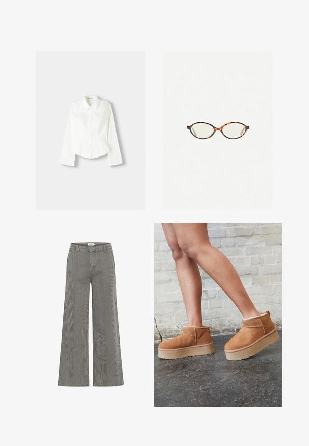 Fehér, gombos ing hosszú ujjakkal, klasszikus gallérral, strukturált fazonnal és finom függőleges varrással a részletek kiemelésére.; Fekete és fehér csíkos, bő szárú nadrág magas derékkal, övütközőkkel és sima textúrával. Alkalmas mindennapi vagy ünnepi viseletre.; Barna velúr bokacsizma puha béléssel, vastag bézs platformtalppal és hátsó húzófüllel. Texturált felület látható varrási részletekkel.; Tortábar színű szemüveg ovális lencsékkel és sima, elegáns felülettel. Vékony szárakkal rendelkezik, amelyeken finom ív található a halántéknál. Átlátszó lencsék.