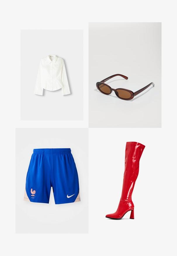 Fehér, gombos ing hosszú ujjakkal, klasszikus gallérral, strukturált fazonnal és finom függőleges varrással a részletek kiemelésére.; Könnyű anyagból készült kék sportshorts, az oldalán kék és rózsaszín részletekkel ellátott kakaslogóval. A Nike logó fehér színben van nyomtatva.; Piros lakkbőr, térd fölé érő csizma hegyes orral és merész blokk sarkal. Csillogó felülettel és varrás részletekkel a száron.; Kerek, barna árnyalatú napszemüveg fényes burgundi kerettel. Karcsú karok diszkrét márkázással. Lapos lencse kialakítás.