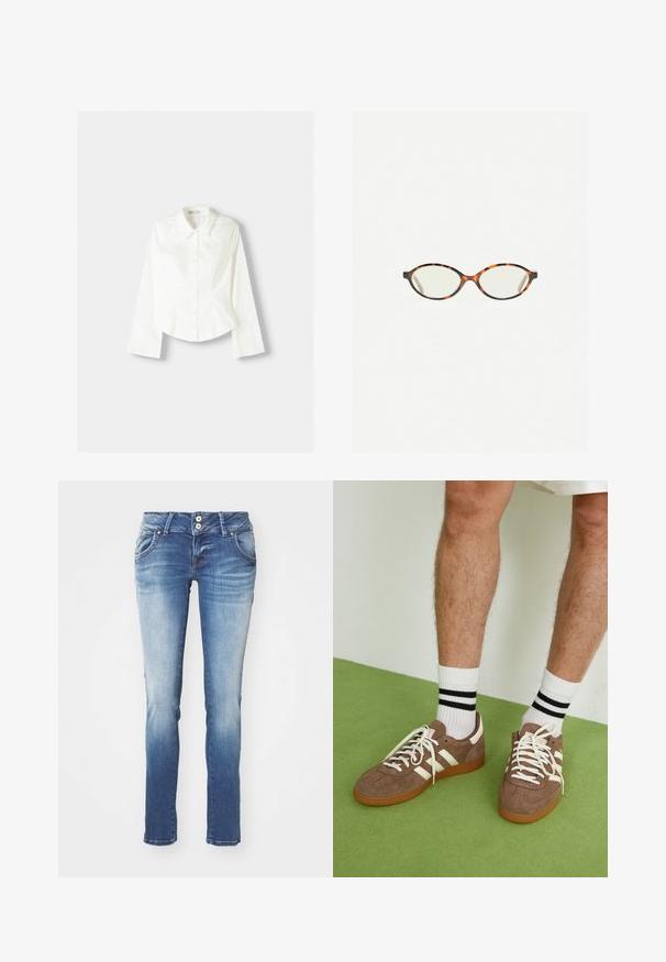 Fehér, gombos ing hosszú ujjakkal, klasszikus gallérral, strukturált fazonnal és finom függőleges varrással a részletek kiemelésére.; Slim-fit kék denim farmernadrág, amelyen elhalványodott mosás látható. Két elülső zseb és gombos záródás található rajta, valamint enyhe kopottas hatás a szegésnél.; Barna velúr sportcipő fehér díszítéssel és fűzővel. Gumi talp. Fehér zoknival viselve, fekete csíkokkal. Zöld, textúrázott padló.; Tortábar színű szemüveg ovális lencsékkel és sima, elegáns felülettel. Vékony szárakkal rendelkezik, amelyeken finom ív található a halántéknál. Átlátszó lencsék.; Zign LEATHER - Bevásárlótáska - light brown