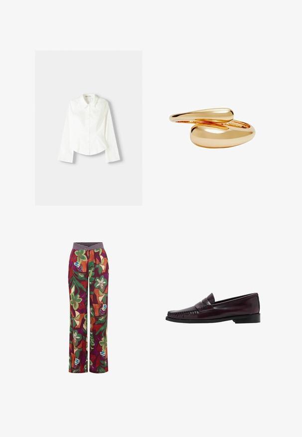 Weißes Hemd mit langen Ärmeln, klassischem Kragen, strukturiertem Schnitt und subtilen vertikalen Nähten für zusätzliche Details.; Weite Hose mit einem lebhaften Blumenmuster in Lila, Grün und Orange. Verfügt über einen elastischen Bund mit geometrischem Akzent.; Dunkelbraune Herrenleder-Pennyloafers mit schwarzer Sohle und Steppdetails entlang der Spitze, im Seitenprofil gezeigt.; Goldfarbene Ringe mit glatten, runden Formen, die sich miteinander verweben. Hochglänzende Oberfläche mit reflektierender Beschichtung, die ein nahtloses Design präsentiert.