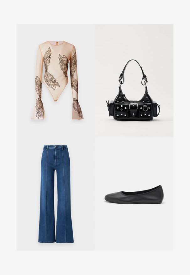 Bodysuit transparent à manches longues en nude, avec des motifs d'ailes noires brodés sur les manches et le torse, doté d'une fermeture éclair dans le dos.; Jean large en denim de couleur bleue, avec une taille haute et des coutures blanches contrastantes le long des coutures. Pas de décorations supplémentaires.; Ballerines en cuir noir avec un bout rond, texture lisse, détails de couture minimalistes et design de semelle flexible.; Sac à main en cuir noir au design courbé, avec des clous en argent, une boucle et deux poches latérales. Bandoulière réglable pour différentes options de transport.
