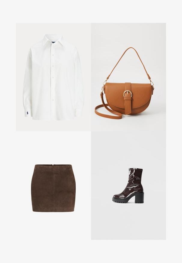 Witte button-up shirt met lange mouwen, klassieke kraag en een klein blauw logo op de manchet. Gladde katoenstof, gestructureerde pasvorm.; Bruine suedeminirok met een zachte textuur, voorzien van een eenvoudig ontwerp, een ritssluiting aan de achterkant en geen extra versieringen.; Glanzende bordeauxrode enkelboot met een chunky zwarte hak, met een gladde textuur en een eenvoudig ontwerp. Geen zichtbare sluitingen of patronen.; Bruine leren schoudertas met een gebogen vorm, gouden hardware en een gespaccent. Bevat een afneembare schouderriem.