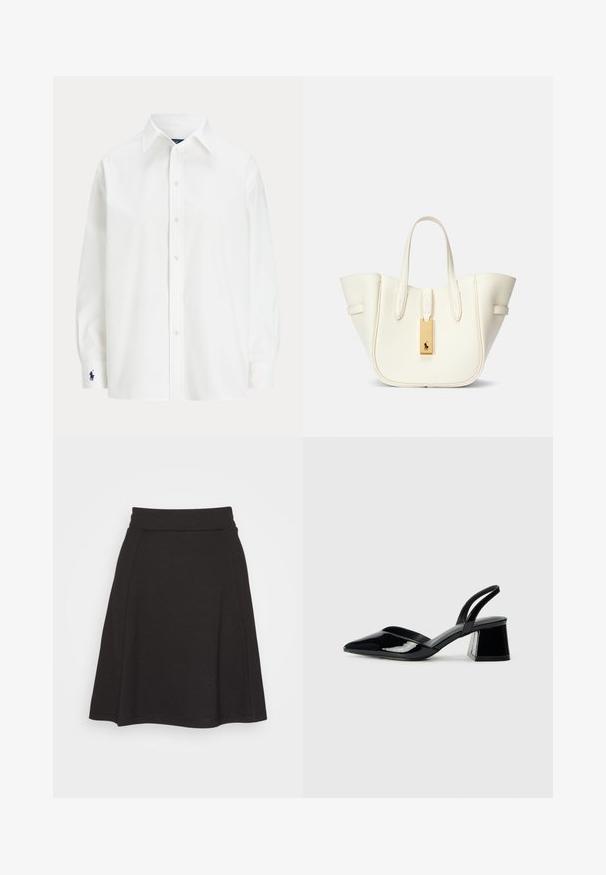 White button-up shirt with long sleeves, classic collar, and a small blue logo on the cuff. Smooth cotton fabric, structured fit.; Black flared skirt made of a soft fabric with a smooth texture. Features a wide waistband and falls to mid-thigh length.; Black patent leather slingback heels with a pointed toe and a geometric block heel. Features a sleek, minimal design and smooth texture.; White leather tote bag with a structured shape, prominent stitching, gold hardware tag, and dual handles. Textured surface with side pockets.