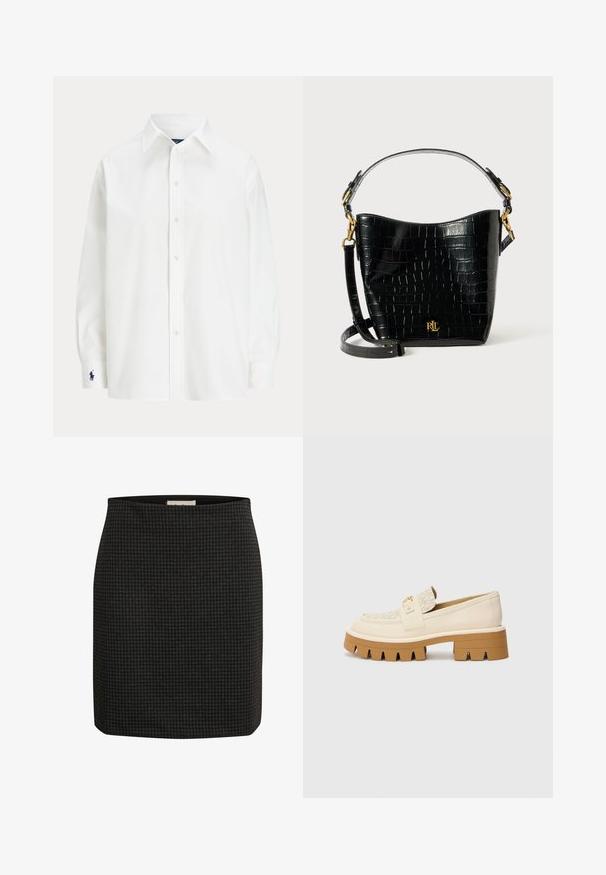 Camisa blanca de botones con manga larga, cuello clásico y un pequeño logo azul en el puño. Tela de algodón suave, ajuste estructurado.; Falda de cuadros houndstooth en negro con un diseño ajustado, silueta recta y una textura suave. Dispone de una cinturilla para mayor comodidad.; Mocasines beige con una correa texturizada color crema, que presentan una suela marrón gruesa con patrones similares a dientes. Acento dorado en el detalle de la hebilla.; Bolso de cuero negro con estampado de cocodrilo, de forma curvada, con detalles de hardware dorado, una correa ajustable y un logo en la parte frontal.