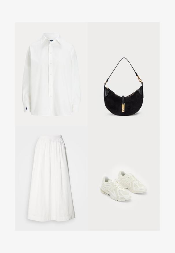 Biela košeľa s dlhými rukávmi, klasickým golierom a malou modrou značkou na manžete. Hladká bavlnená tkanina, štruktúrovaný strih.; Biely maxi sukňa vyrobená z ľahkej látky, s gumičkovým pásom a voľným siluetou bez viditeľných vzorov.; Biele športové topánky vyrobené z mäkkej sieťoviny a syntetických materiálov, dizajn na šnurovanie, polstrovaný golier a textúrová podrážka pre lepšiu trakciu. Ľahká konštrukcia.; Čierna kabelka s zakriveným tvarom, vyrobená z semišu a kože, s pozláteným zipsom a detailom loga. Obsahuje krátku rukoväť.