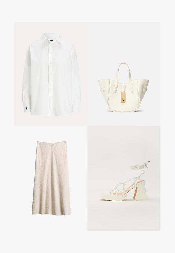 Chemise blanche à manches longues, col classique, avec un petit logo bleu sur le poignet. Tissu en coton lisse, coupe structurée.; Une longue jupe de couleur crème, faite d'un tissu texturé, présentant une silhouette fluide et un design simple et épuré avec un ourlet droit.; Sandale blanche à talons hauts avec un talon épais, présentant un design à lanières et un lien autour de la cheville. Texture lisse avec une plateforme à l'avant pour une hauteur supplémentaire.; Sac fourre-tout en cuir blanc avec une forme structurée, des coutures marquées, une étiquette en matériel doré et deux poignées. Surface texturée avec des poches latérales.