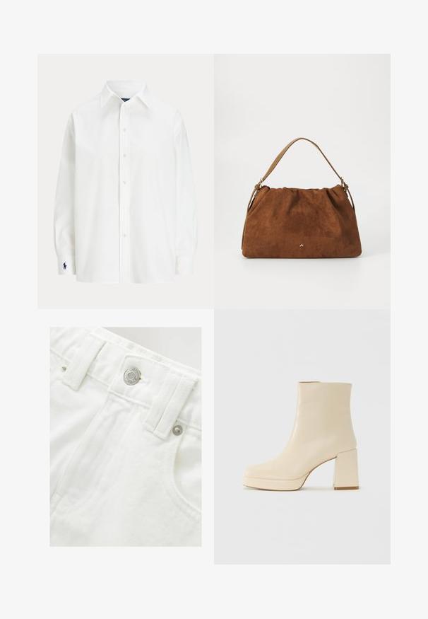 Cămașă albă cu nasturi, mâneci lungi, guler clasic și un mic logo albastru pe manșetă. Material din bumbac fin, croială structurată.; Șorturi din denim alb cu un talie structurată, detaliu cu buton argintiu și țesătură texturată. Include buzunare frontale și cusături îngrijite.; Cizmă de gleznă din piele bej, cu toc pătrat și talpă platformă, cu un finisaj neted și vârf ușor pătrat, orientată spre stânga pe fundal alb.; Geantă din suede maro cu un design plisat, având o curea din piele bej și un detaliu subtil cu logo auriu în partea din față.