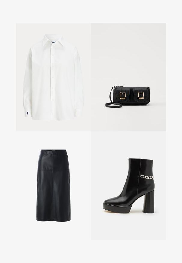 Camisa blanca de botones con manga larga, cuello clásico y un pequeño logo azul en el puño. Tela de algodón suave, ajuste estructurado.; Falda de cuero negro con una silueta recta, con una textura suave, cinturilla y costuras detalladas en los paneles delanteros.; Botín de tobillo de charol negro con plataforma chunky y tacón alto en bloque. Presenta un acento de cadena plateada en el lateral. Textura suave.; Bolso cruzado de cuero negro con dos bolsillos frontales, hebillas doradas, cierre de cremallera y una correa delgada. Superficie texturizada y forma rectangular compacta.