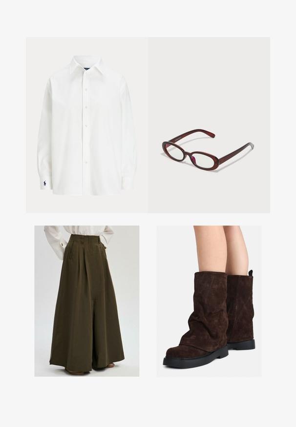 Camicia bianca con maniche lunghe, colletto classico e un piccolo logo blu sul polsino. Tessuto di cotone liscio, vestibilità strutturata.; Pantaloni larghi color oliva scuro con pieghe e tasche laterali, dotati di una vita alta su misura e una texture del tessuto liscia.; Stivali in suede marrone a metà polpaccio con suole in gomma nera indossati su gambe nude, mostrano lievi pieghe sulla parte superiore degli stivali.; Occhiali da sole rotondi di colore rosso con lenti trasparenti e montatura marrone elegante. Il design presenta curve sottili e hardware minimale.