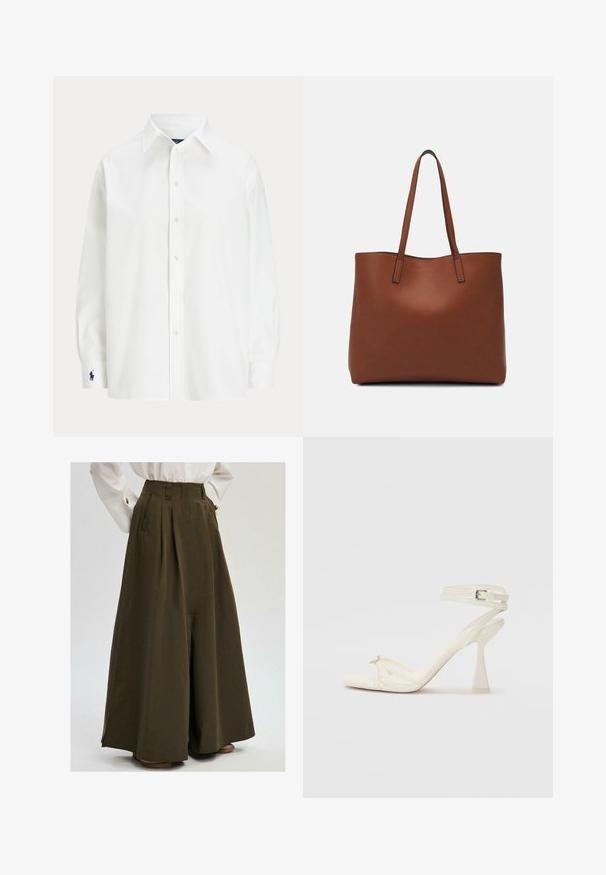 Biała koszula z długim rękawem, klasycznym kołnierzykiem i małym niebieskim logo na mankiecie. Gładki materiał bawełniany, dopasowany krój.; Ciemnooliwkowe spodnie o szerokich nogawkach z plisami i bocznymi kieszeniami, charakteryzujące się dopasowaną wysoką talią i gładką teksturą materiału.; Białe skórzane sandały na wysokim obcasie z paskami, o smukłym wyglądzie, z przezroczystym słupkiem i ozdobnym elementem na palcach.; Brązowa skórzana torba tote o gładkiej fakturze, z otwartym wierzchem i dwoma ramiączkami. Charakteryzuje się minimalnym przeszyciem i brakiem widocznych elementów metalowych.