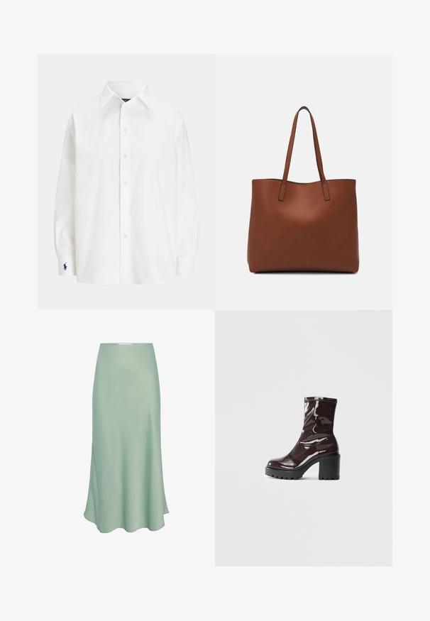 Witte button-up shirt met lange mouwen, klassieke kraag en een klein blauw logo op de manchet. Gladde katoenstof, gestructureerde pasvorm.; Mintgroene satijnen midi-jurk met een gladde textuur, gekenmerkt door een licht uitlopende vorm en een zijsplit voor extra ontwerpelement.; Glanzende bordeauxrode enkelboot met een chunky zwarte hak, met een gladde textuur en een eenvoudig ontwerp. Geen zichtbare sluitingen of patronen.; Bruine leren tote bag met een gladde textuur, een ontwerp met een open bovenkant en twee schouderbanden. Kenmerkt zich door minimale stiksels en geen zichtbare hardware.
