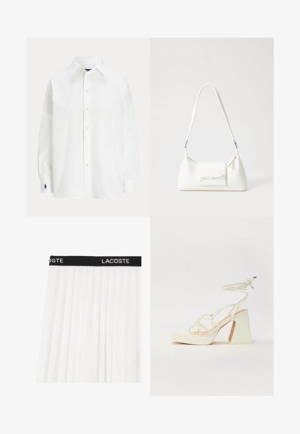 Weißes Hemd mit langen Ärmeln, klassischem Kragen und einem kleinen blauen Logo am Bund. Glattes Baumwollmaterial, strukturierte Passform.; Weißer plissierter Rock mit einem schwarzen Bund, auf dem "LACOSTE" in Weiß gestickt ist. Leichter, fließender Stoff mit einer glatten Textur.; Weiße High-Heel-Sandale mit einem klobigen Absatz, die über ein Riemchendesign und ein Knöchelband verfügt. Glatte Textur mit einer Plattform vorne für zusätzliche Höhe.; Weiße synthetische Handtasche in dreieckiger Form, flache Vorderklappe und Schleifendetail, verstellbarer Trageriemen, glatte Textur und minimalistisches Design.