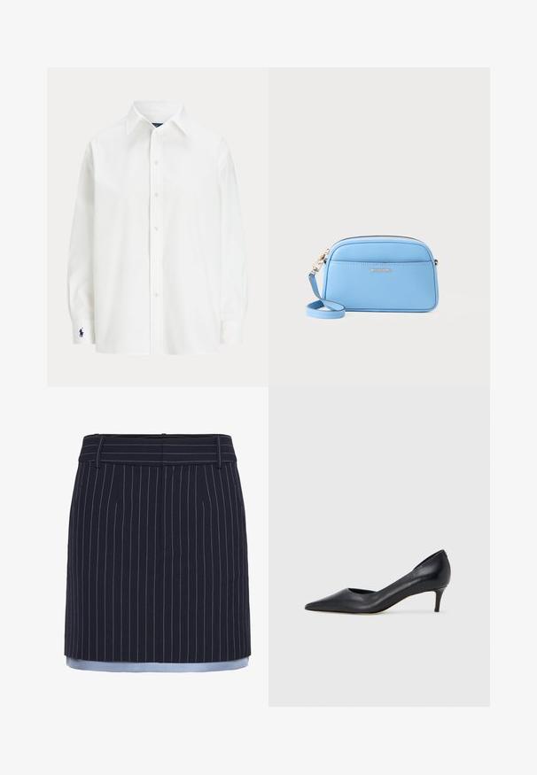 Camisa branca de manga longa, com colarinho clássico e um pequeno logótipo azul na bainha. Tecido de algodão suave, ajuste estruturado.; Saia risca de giz em azul marinho com corte reto, apresentando detalhes em azul claro na bainha, feita de um tecido texturizado e com uma cintura larga.; Sapato de salto alto preto em pele com bico fino e salto baixo. Apresenta uma textura suave e brilho subtil. Corte aberto na parte da frente para um detalhe adicional.; Bolsa crossbody em couro azul claro com acessórios em tom de ouro, fecho em zip, e um bolso frontal. Apresenta uma alça ajustável para conveniência.