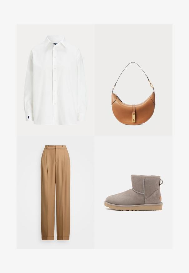 White button-up shirt with long sleeves, classic collar, and a small blue logo on the cuff. Smooth cotton fabric, structured fit.; Beige tailored trousers with a high waist, pleated front, tapered legs, and rolled cuffs. Smooth fabric with a refined texture.; Gray suede ankle boot with a soft texture, reinforced stitching, rounded toe, and a rubber sole featuring a small logo tag on the side.; Tan leather handbag with a curved shape, gold hardware, and a thin shoulder strap. Features a zipper closure and logo detail on the front.