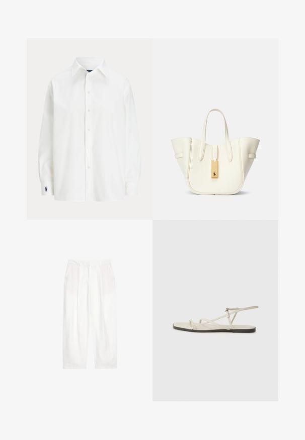 Bela srajca s dolgimi rokavi, klasičen ovratnik in majhna modra oznaka na manšeti. Gladko bombažno blago, strukturirana prileganje.; Beli laneni hlače širokega kroja z oblikovanjem na sprednji strani in stranskimi žepi, z teksturiranim zaključkom in sproščenim silhueto.; Beige ravne sandale z več tankimi trakovi in nastavljivim zaponcem. Podplat je raven z rahlo temnim kontrastom na robu.; Bela usnjena torba z obliko, ki ohranja strukturo, izrazitim šivom, zlatim kovinskim dodatkom in dvema ročkama. Teksturna površina s stranskimi žepi.