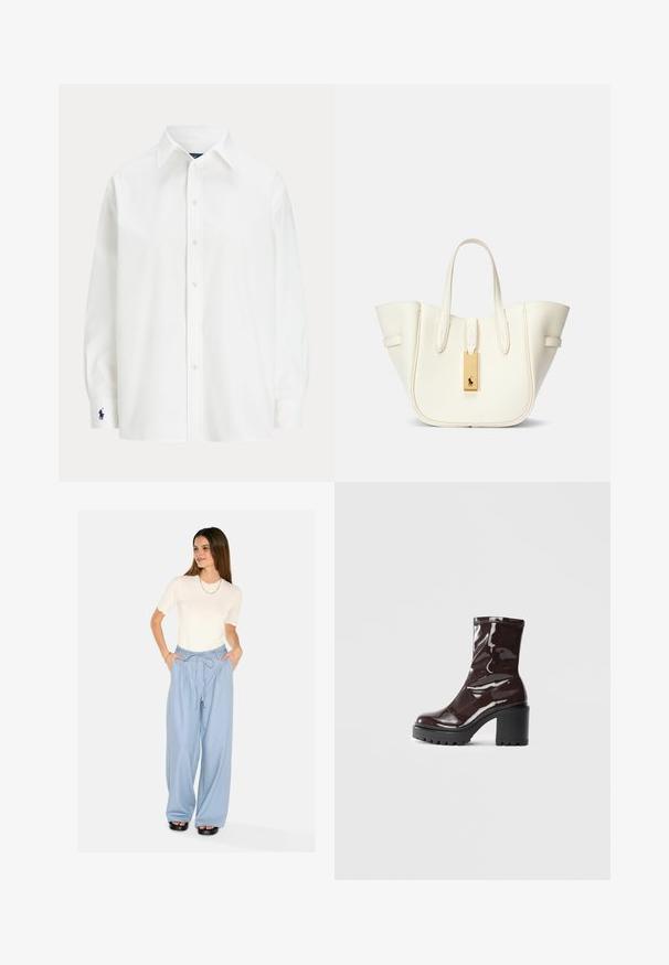 Bijela košulja s dugim rukavima, klasičnog ovratnika, i malim plavim logotipom na manžetama. Glatka pamučna tkanina, strukturirani kroj.; Svijetloplave široke hlače s elastičnim pojasom i bočnim džepovima. U kombinaciji s bijelom majicom kratkih rukava s valovitim rubom. Crne platforme sandale.; Sjajna burgundska čizma do gležnja s debelim crnim potplatom, koja se odlikuje glatkom teksturom i jednostavnim dizajnom. Nema vidljivih kopčanja ili uzoraka.; Bijela kožna torba za rame sa strukturiranim oblikom, istaknutim šavovima, zlatnim oznakom i dvostrukim ručkama. Teksturirana površina s bočnim džepovima.