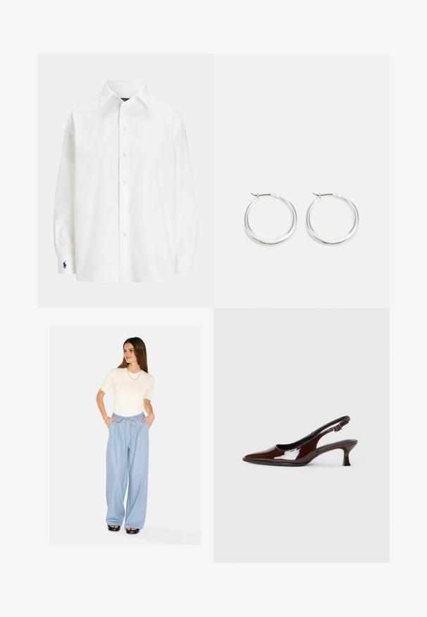 Balta mygtukinėmarškinė su ilgomis rankovėmis, klasikinis apykaklė ir mažas mėlynas logotipas ant rankovės. Lygus medvilnės audinys, tvirtas prigludimas.; Šviesiai mėlynos plačios kelnės su virvele juosmenyje ir šoninėmis kišenėmis. Sukombinuota su balta marškinėliais su banguotu hemu ir trumpomis rankovėmis. Juodos platforminės basutės.; Rudos lakuoti odiniai slingback batai su smailiu pirštu ir vidutinio aukščio kulnu. Yra sagties dirželis, užtikrinantis tvirtą prigludimą. Lygus paviršius.; Sidabriniai žiedo auskarai turi lygią, suapvalintą formą, ploną profilį ir saugų užsegimą. Minimalistinis stilius su blizgiu apdaila.
