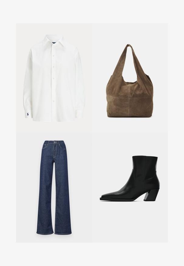 Camicia bianca con maniche lunghe, colletto classico e un piccolo logo blu sul polsino. Tessuto di cotone liscio, vestibilità strutturata.; Jeans in denim a gamba larga di colore blu scuro, con vita alta, tasche frontali, cuciture a vista e finitura pulita agli orli.; Stivale in pelle nera alla caviglia con punta affilata, una silhouette slanciata e un tacco quadrato massiccio. Texture liscia con dettagli di cucitura minimi.; Borsa hobo in suede marrone con una sola tracolla, texture morbida e forma rotonda. Presenta una cucitura al centro per un tocco di dettaglio.