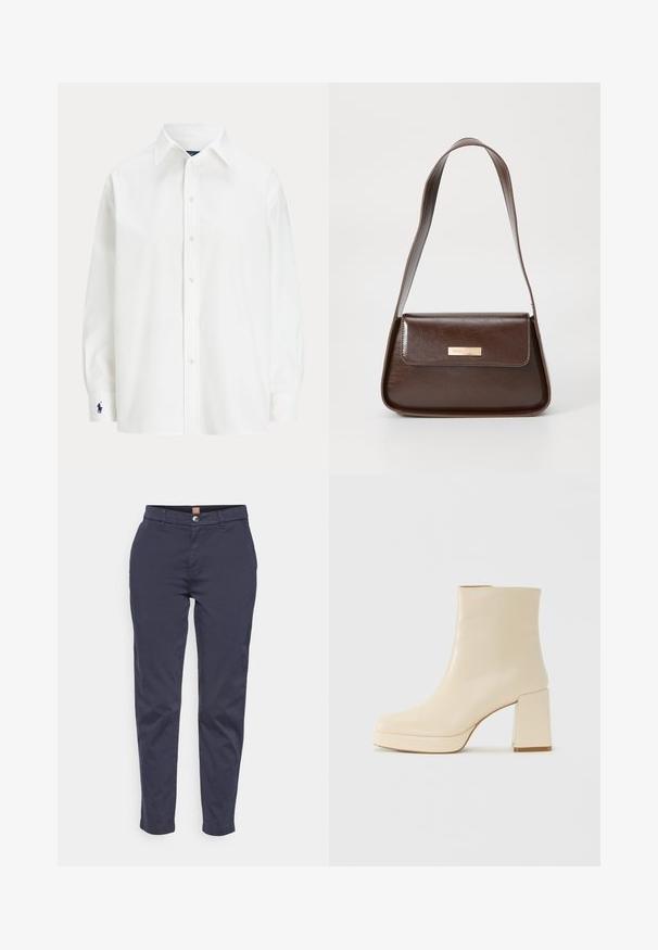 Hvit knapp-up skjorte med lange ermer, klassisk krage, og en liten blå logo på mansjetten. Glatt bomullsstoff, strukturert passform.; Marineblå, skreddersydde bomullschinos med knappelukking, beltehemper og sidelommer; rette ben med en lett innsnøring i kanten.; Beige lærankelstøvlett med blokkhæl og plattformsåle, glatt overflate og lett firkantet tå, vendt mot venstre på hvit bakgrunn.; Brun lærveske med en strukturert form, med en magnetisk klaffelukking og en metallisk logoaksel på forsiden.
