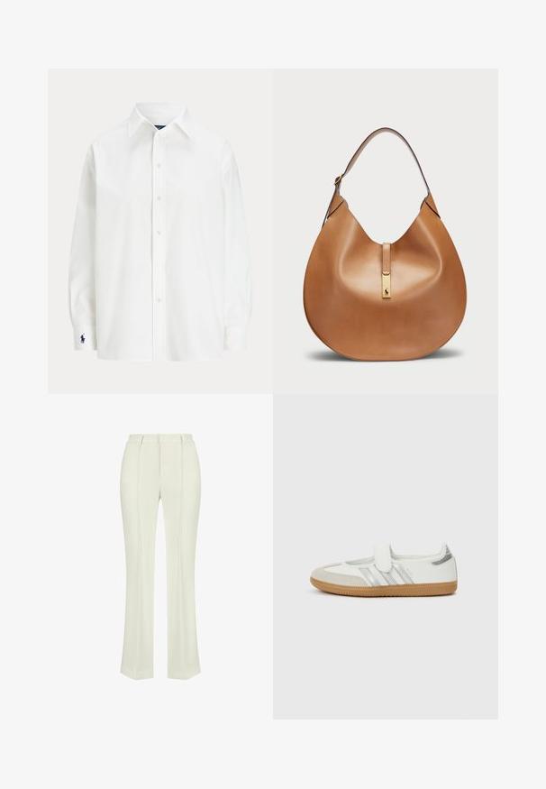 Weißes Hemd mit langen Ärmeln, klassischem Kragen und einem kleinen blauen Logo am Bund. Glattes Baumwollmaterial, strukturierte Passform.; Weiße maßgeschneiderte Hose mit hoher Taille, zwei vorderen Falten, geraden Beinen und einem glatten, strukturierten Stoff.; Weißer Sneaker mit silbernen Streifen, Wildlederzehenkappe und Klettverschluss. Texturierte Gummisohle in Karamellfarbe. Minimalistisches Design mit glatter Oberfläche.; Taschenhandtasche aus braunem Leder mit geschwungener Form und breitem Schultergurt. Sie verfügt über einen goldenen Metallakzent in der Mitte und eine glatte Textur.