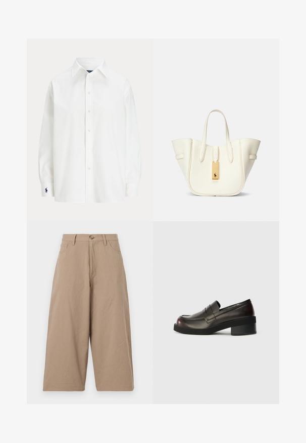 Camisa branca de manga longa, com colarinho clássico e um pequeno logótipo azul na bainha. Tecido de algodão suave, ajuste estruturado.; Calças largas em caqui feitas de algodão, com uma cintura alta, bolsos frontais e um fecho de botão único. Textura suave e corte direito.; Mocassins de couro castanho-escuro com bico arredondado, detalhes cosidos e um salto bloco moderado. Textura suave, design minimalista.; Mala tote de couro branco com uma forma estruturada, costura proeminente, etiqueta de metal dourado e alças duplas. Superfície texturizada com bolsos laterais.
